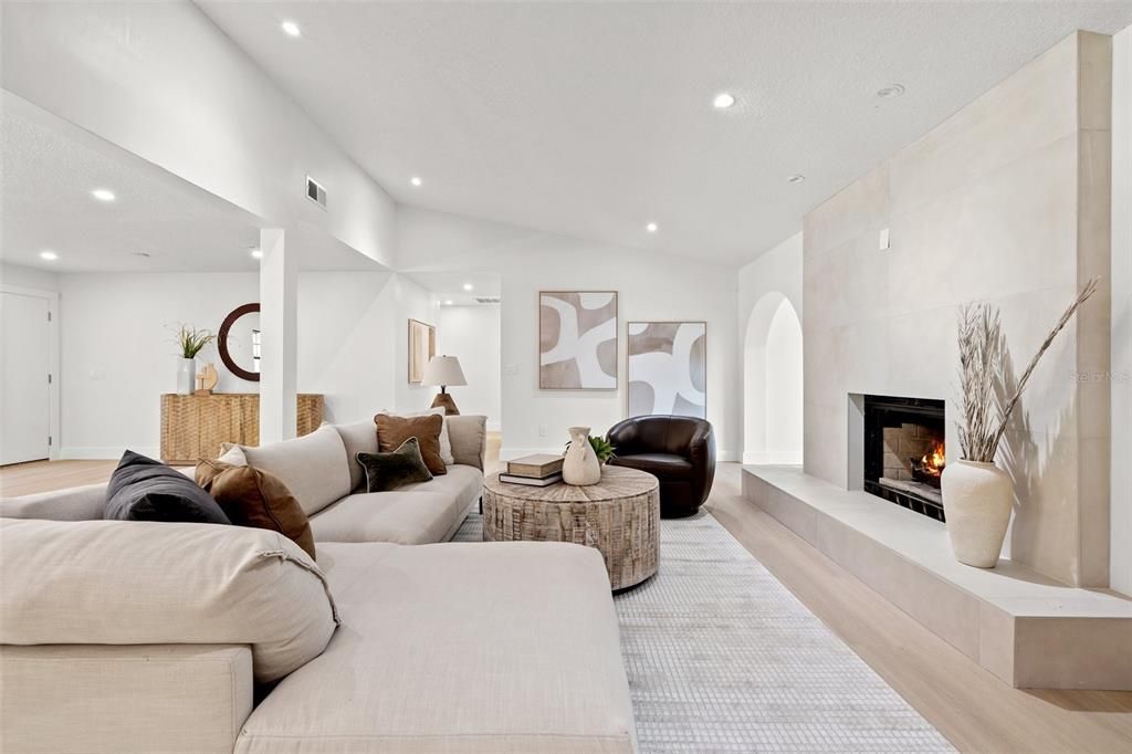 Fireplace, Interior, Living room, Recessed Lighting, Wood Texture Flooring