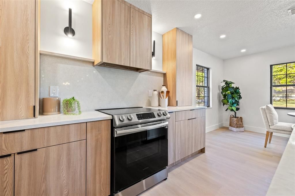 Interior, Kitchen, Recessed Lighting, Stainless Steel Appliances, Wood Texture Flooring