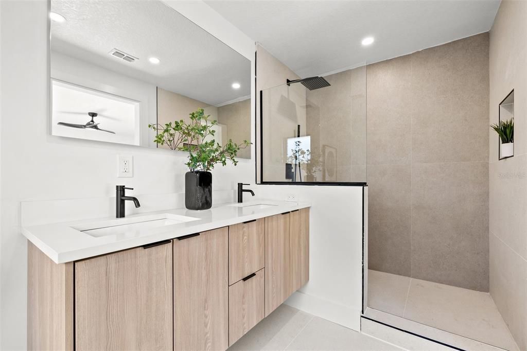 Bathroom, Dual Sink Vanities, Glass Shower, Interior, Recessed Lighting