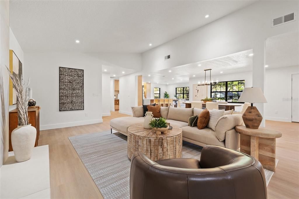 Dining room, Interior, Kitchen, Living room, Pendant Lights, Recessed Lighting, Wood Texture Flooring