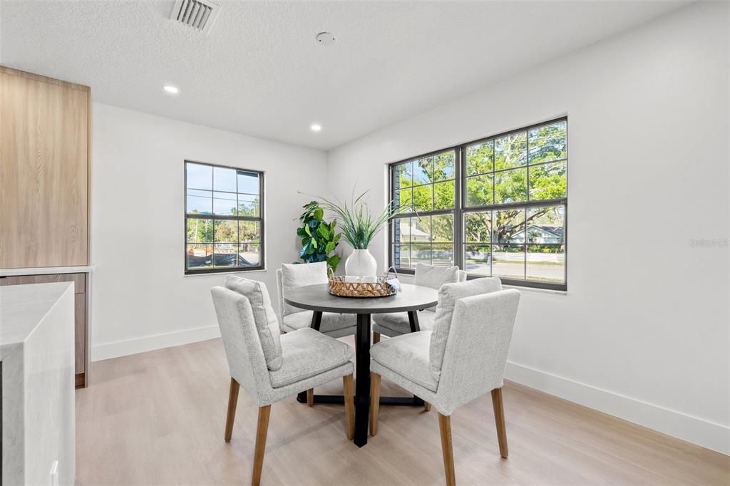 Dining room, Interior, Recessed Lighting, Wood Texture Flooring