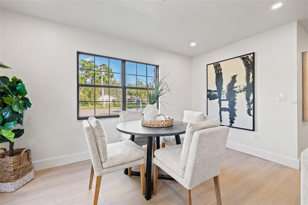 Dining room, Interior, Recessed Lighting, Wood Texture Flooring
