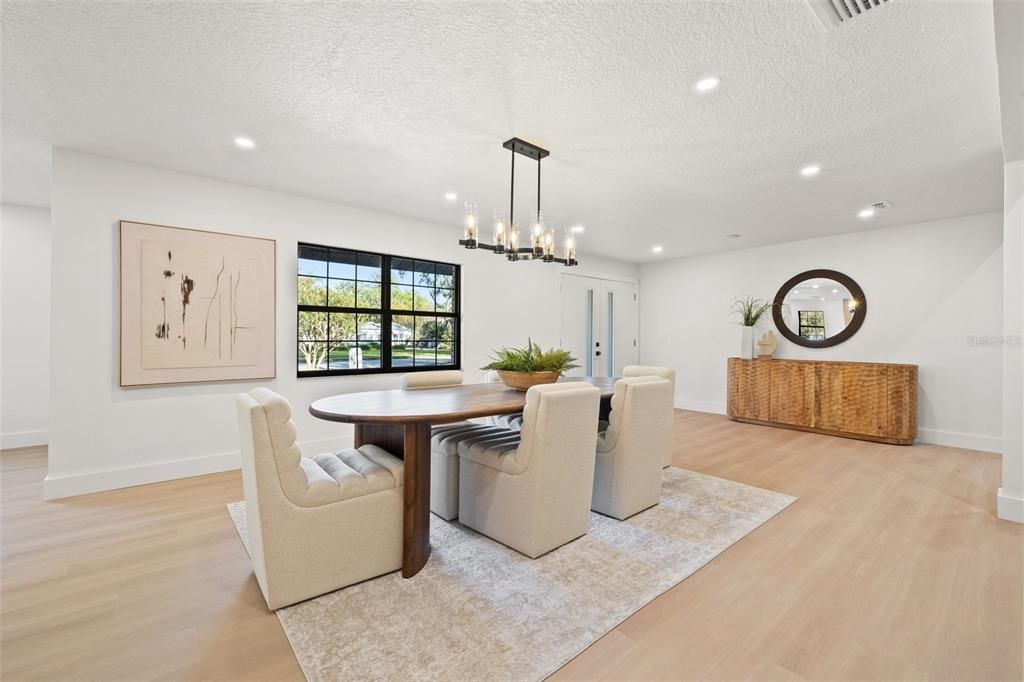 Dining room, Interior, Pendant Lights, Recessed Lighting, Wood Texture Flooring