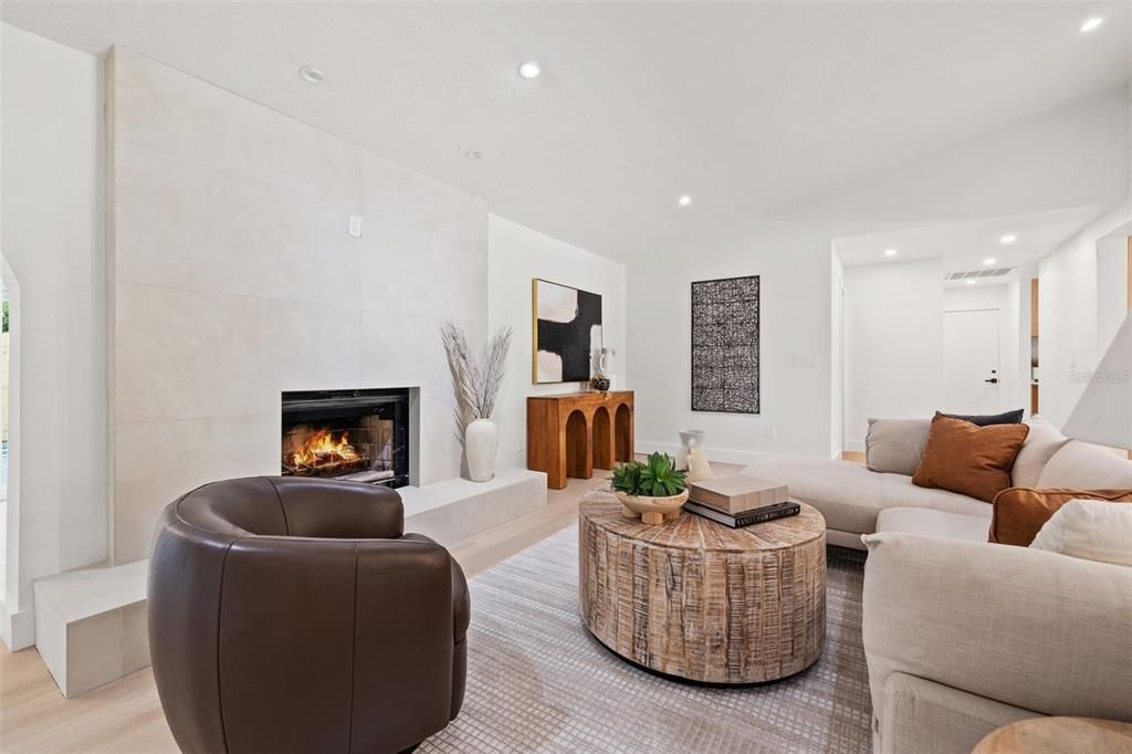 Fireplace, Interior, Living room, Recessed Lighting, Wood Texture Flooring