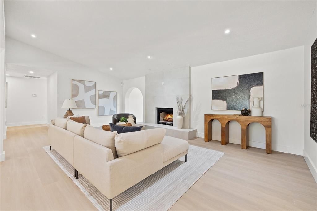 Fireplace, Interior, Living room, Recessed Lighting, Wood Texture Flooring