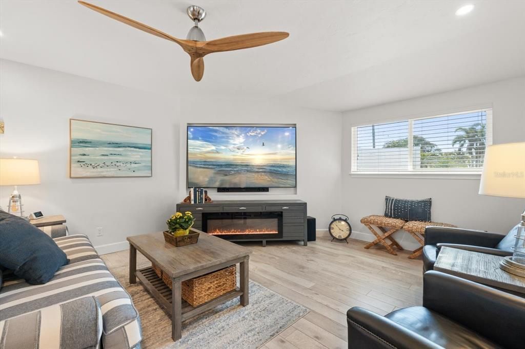 Fireplace, Interior, Living room, Recessed Lighting, Wood Texture Flooring
