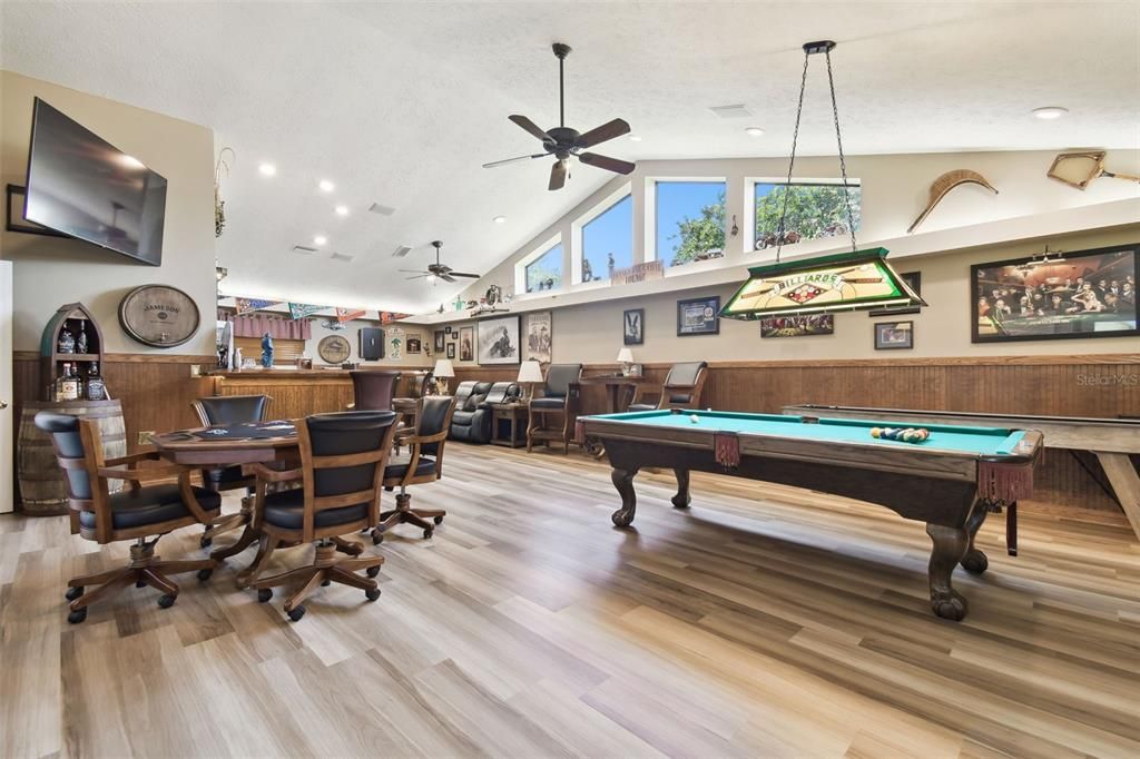 Billiard Table, Game Room, Home Office, Interior, Pendant Lights, Recessed Lighting, Wood Texture Flooring