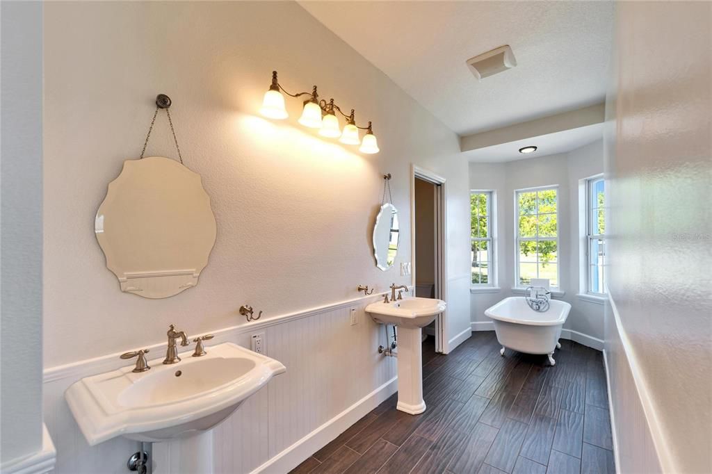 Bathroom, Dual Sink Vanities, Free Standing Baths, Interior, Wood Texture Flooring