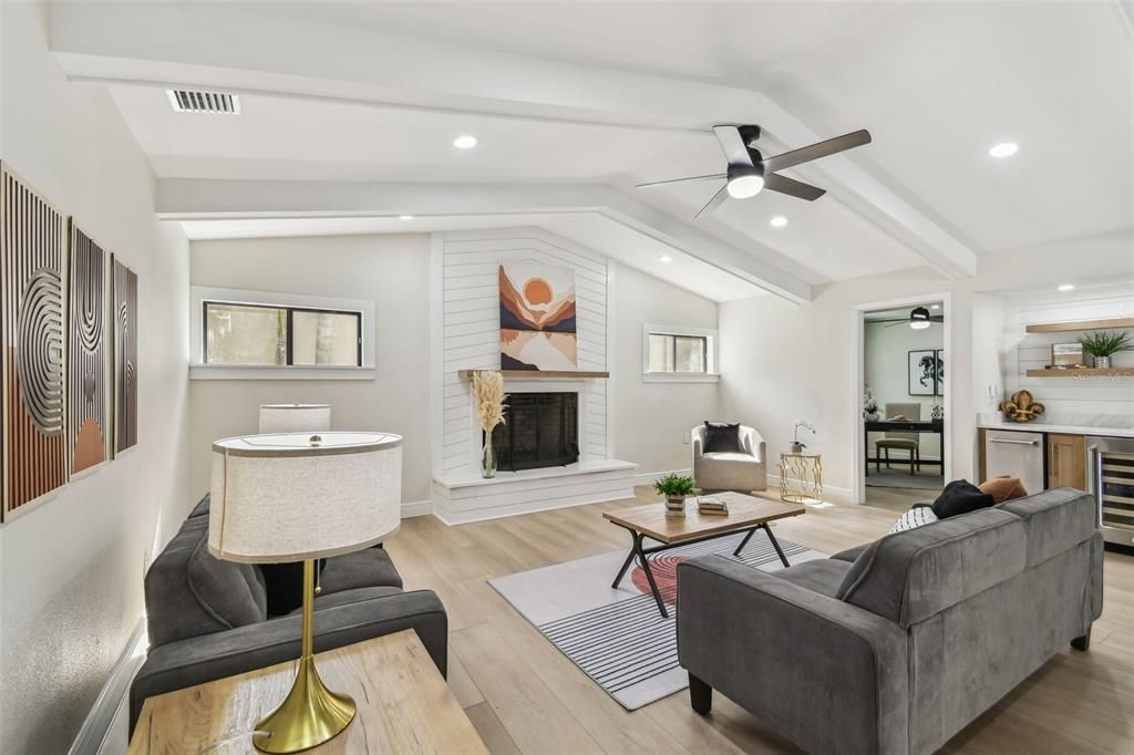 Fireplace, Interior, Living room, Recessed Lighting, Wood Texture Flooring