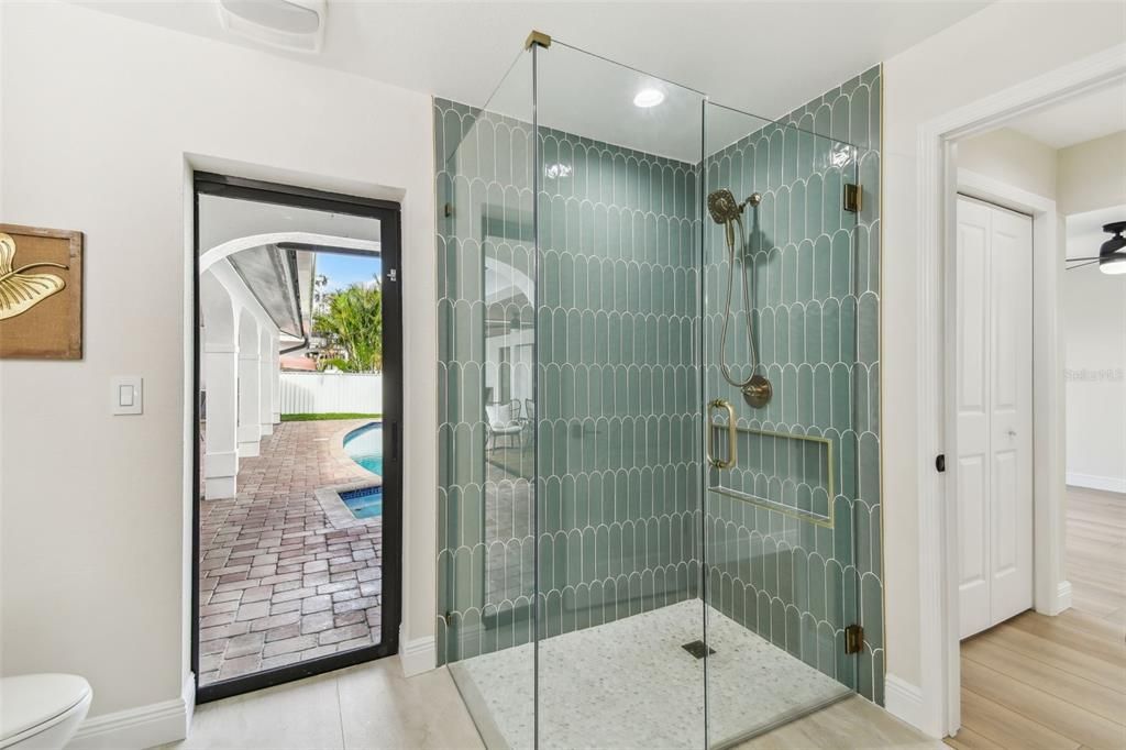Bathroom, Glass Shower, Interior, Recessed Lighting, Wood Texture Flooring