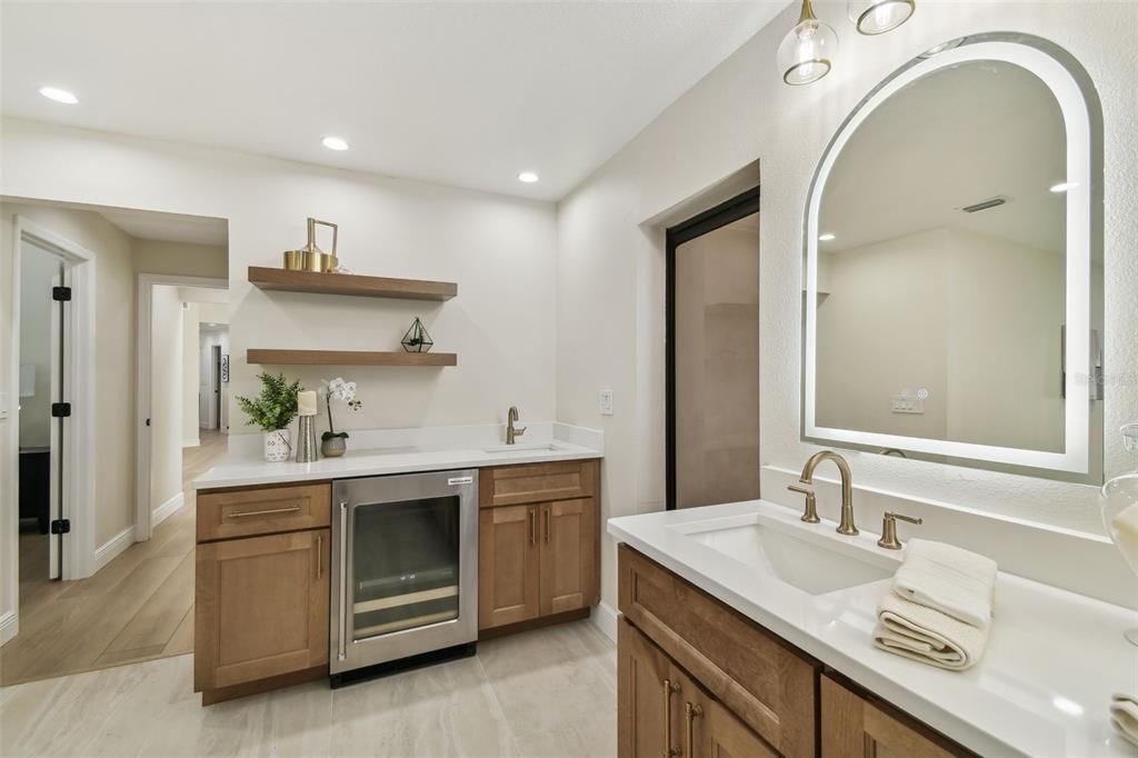 Bathroom, Dual Sink Vanities, Interior, Recessed Lighting, Wood Texture Flooring