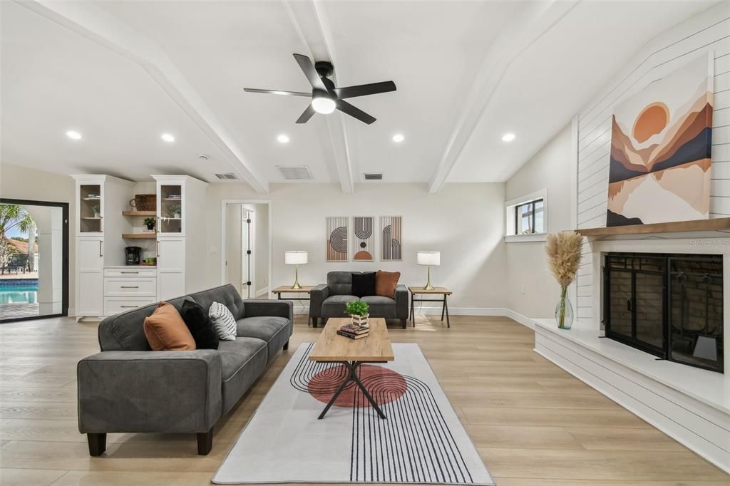 Fireplace, Interior, Living room, Recessed Lighting, Wood Texture Flooring