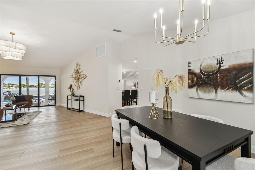 Chandelier, Dining room, Interior, Living room, Recessed Lighting, Water, Wood Texture Flooring