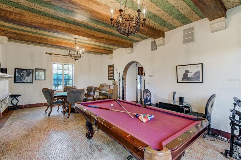 Billiard Table, Chandelier, Game Room, Interior, Wooden Beams, Wooden Ceilings