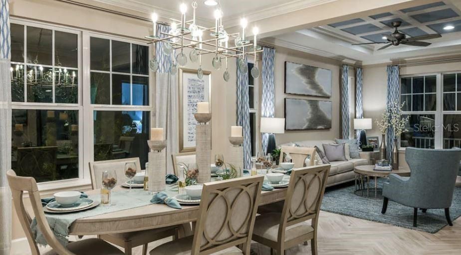 Chandelier, Dining room, Interior, Living room, Pendant Lights, Recessed Lighting, Wood Texture Flooring