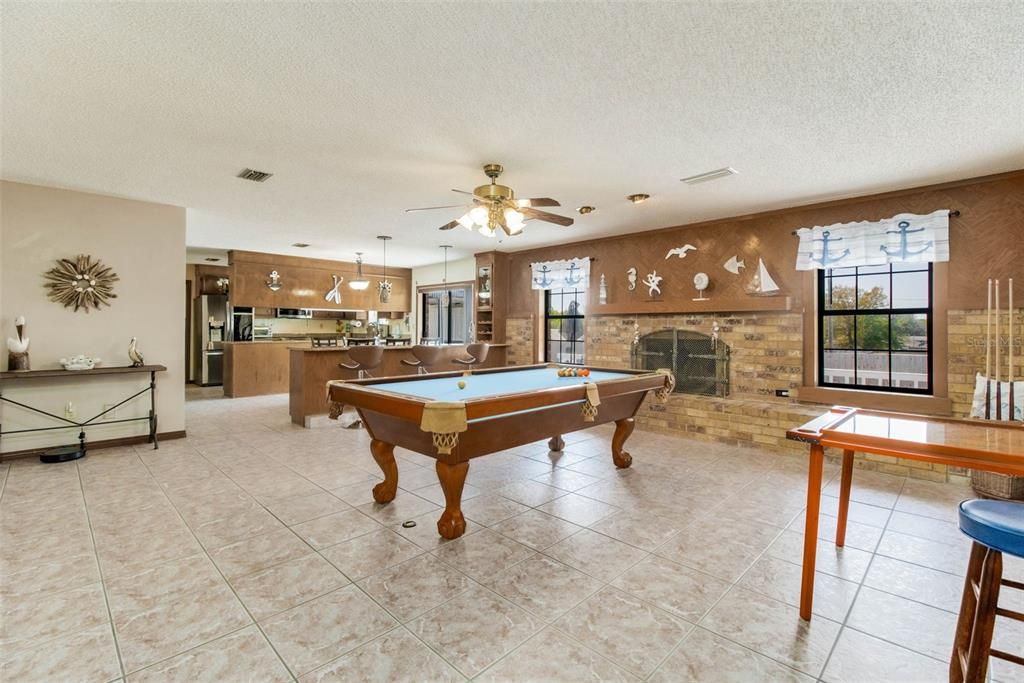 Billiard Table, Fireplace, Game Room, Interior, Kitchen, Pendant Lights, Stone Walls