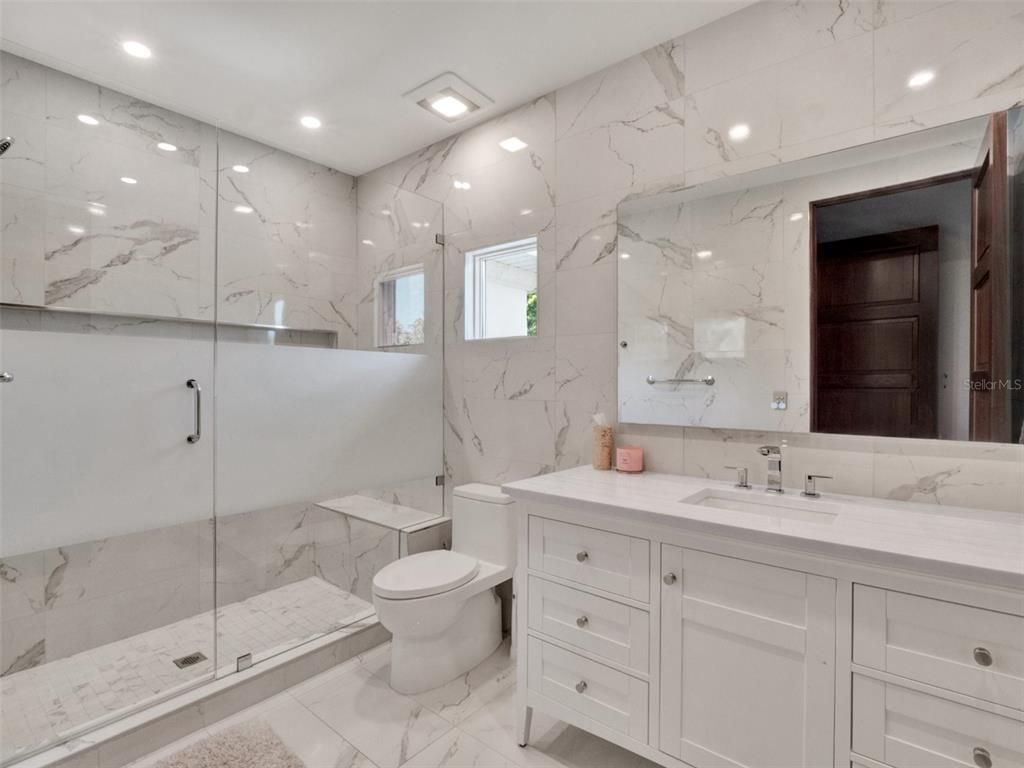 Bathroom, Glass Shower, Interior, Marble, Marble Walls, Recessed Lighting