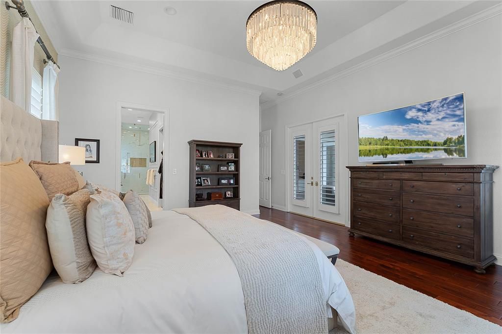 Bedroom, Chandelier, Interior, Wood Texture Flooring
