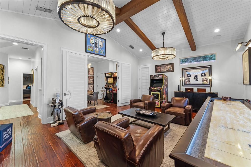Interior, Living room, Pendant Lights, Recessed Lighting, Wooden Beams, Wood Texture Flooring