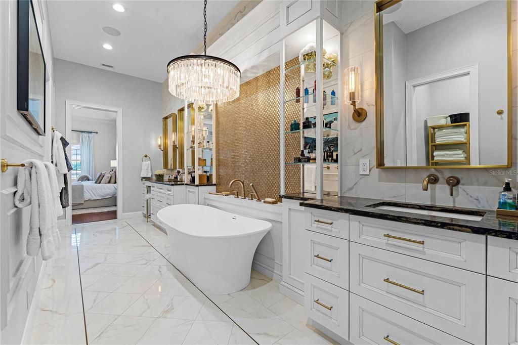 Bathroom, Chandelier, Dual Sink Vanities, Free Standing Baths, Interior, Marble, Recessed Lighting