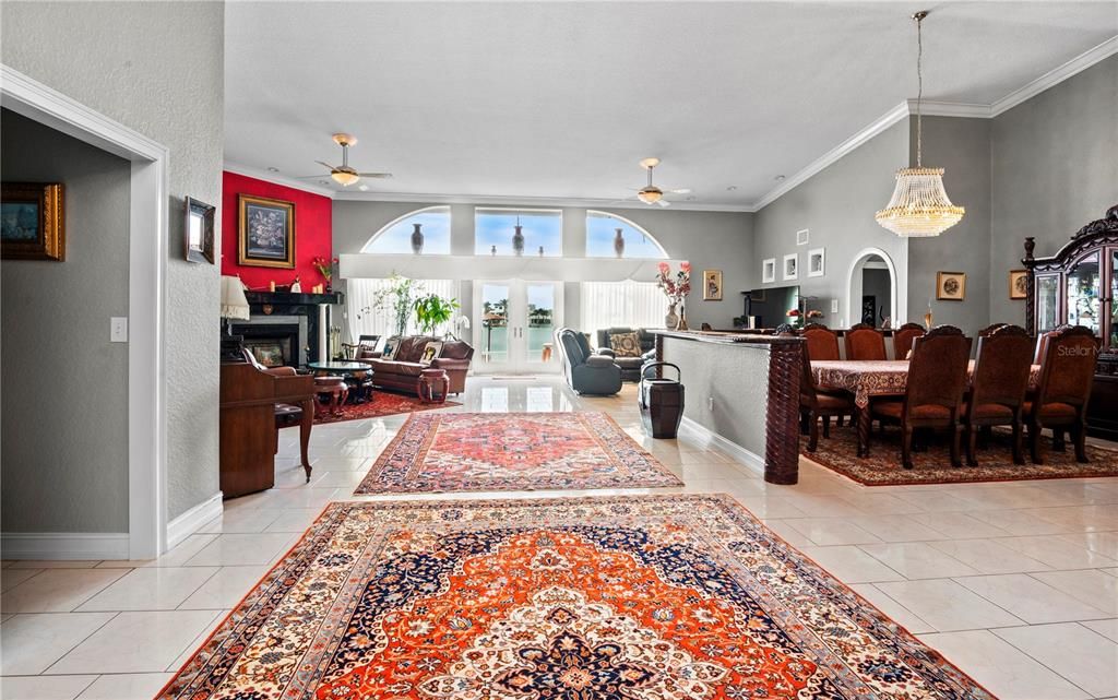 Dining room, Fireplace, Interior, Living room, Pendant Lights, Piano