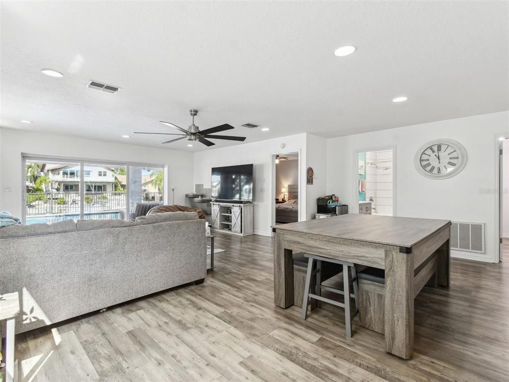 Dining room, Interior, Living room, Recessed Lighting, Wood Texture Flooring