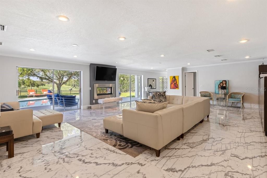 Fireplace, Interior, Living room, Marble, Recessed Lighting