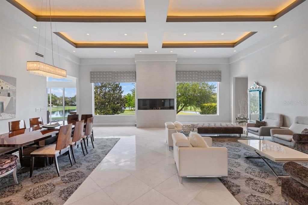 Dining room, Fireplace, Interior, Living room, Pendant Lights, Recessed Lighting