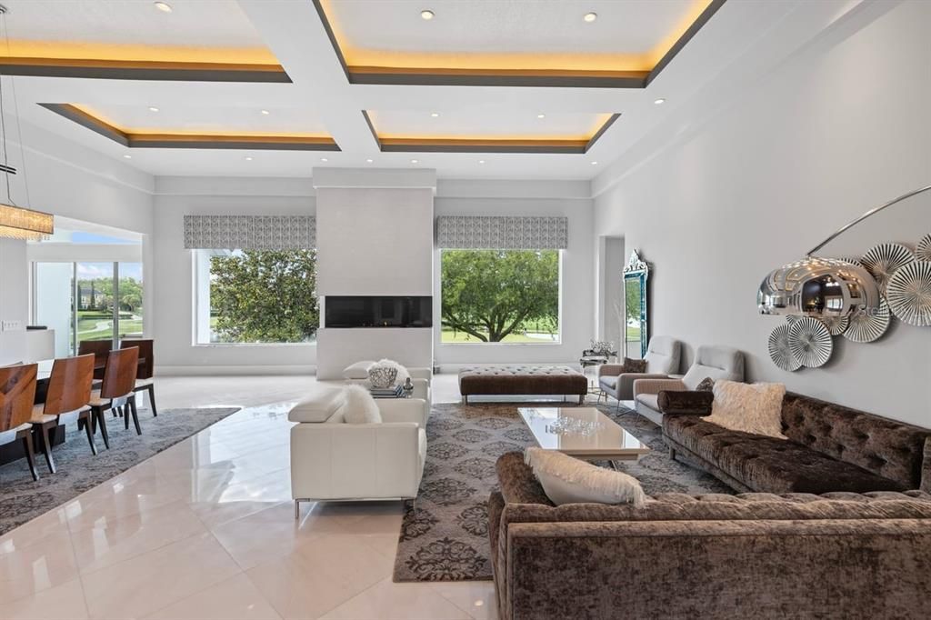Dining room, Fireplace, Interior, Living room, Pendant Lights, Recessed Lighting