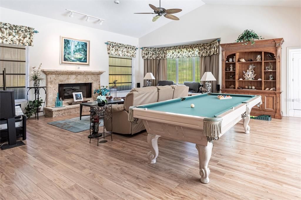 Billiard Table, Fireplace, Game Room, Interior, Living room, Wood Texture Flooring
