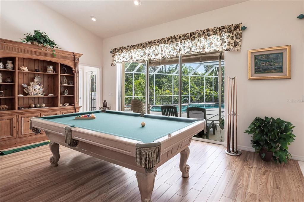 Billiard Table, Game Room, Interior, Recessed Lighting, Wood Texture Flooring