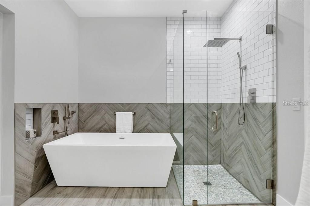 Bathroom, Free Standing Baths, Glass Shower, Interior, Wood Texture Flooring