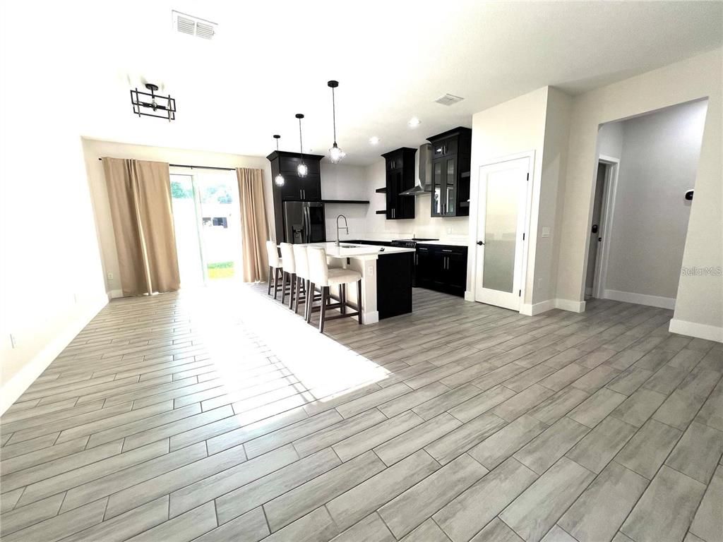 Dining room, Interior, Kitchen, Pendant Lights, Wood Texture Flooring