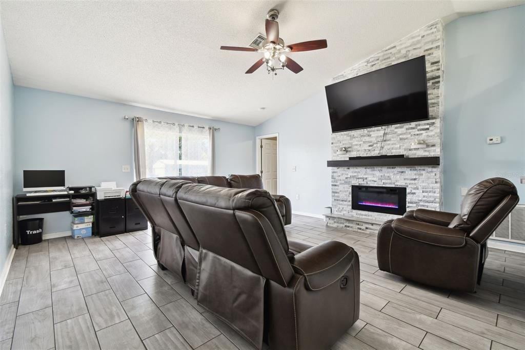 Fireplace, Interior, Living room, Stone Walls, Wood Texture Flooring