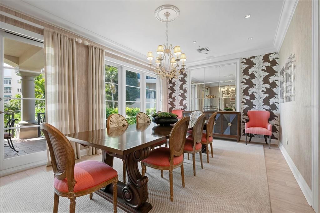 Chandelier, Dining room, Interior, Recessed Lighting, Wood Texture Flooring