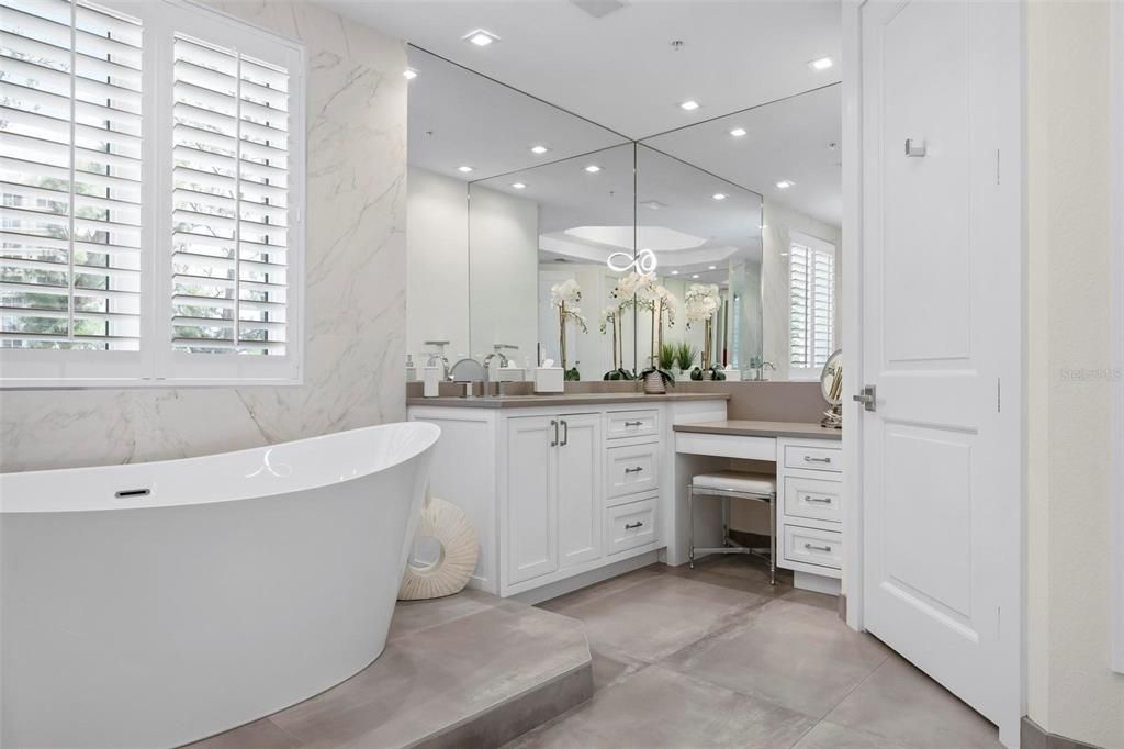 Bathroom, Dual Sink Vanities, Free Standing Baths, Interior, Marble Walls, Recessed Lighting
