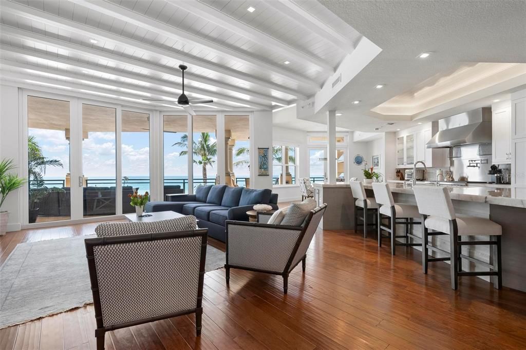 Interior, Kitchen, Living room, Recessed Lighting, Stainless Steel Appliances, Water, Wood Texture Flooring