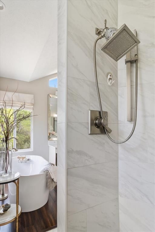 Bathroom, Free Standing Baths, Interior, Marble Walls, Wood Texture Flooring