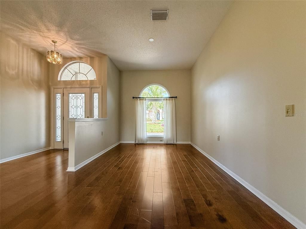 Chandelier, Empty room, Interior, Recessed Lighting, Wood Texture Flooring
