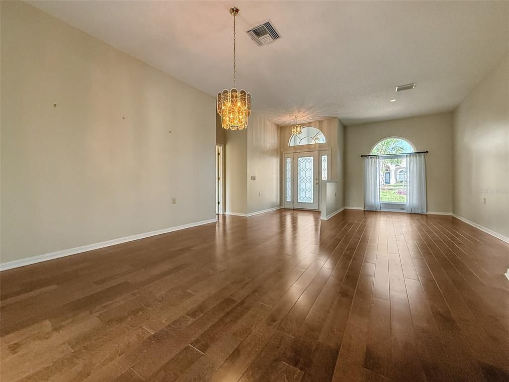 Chandelier, Empty room, Interior, Recessed Lighting, Wood Texture Flooring
