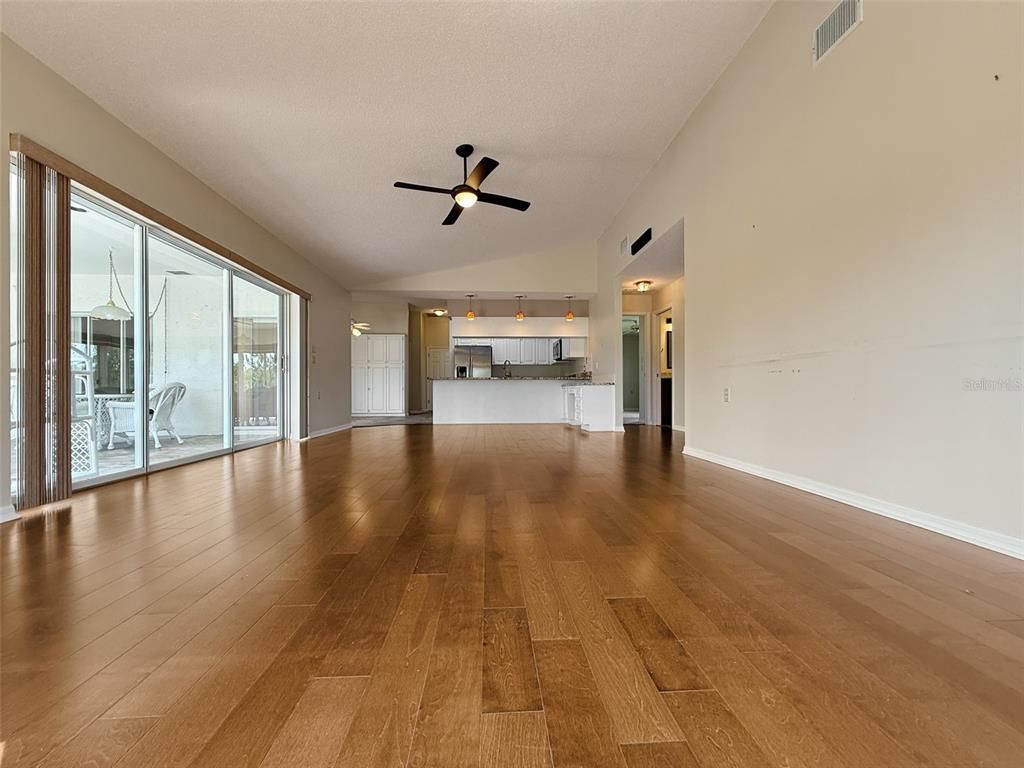 Empty room, Interior, Kitchen, Pendant Lights, Wood Texture Flooring