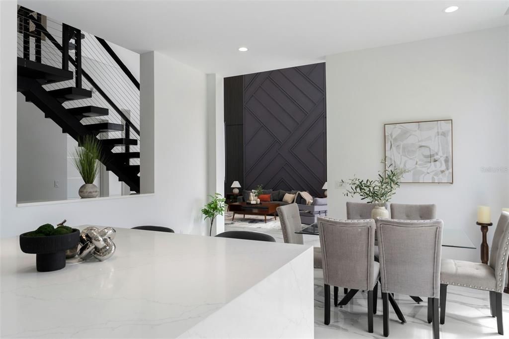 Dining room, Interior, Living room, Marble, Recessed Lighting