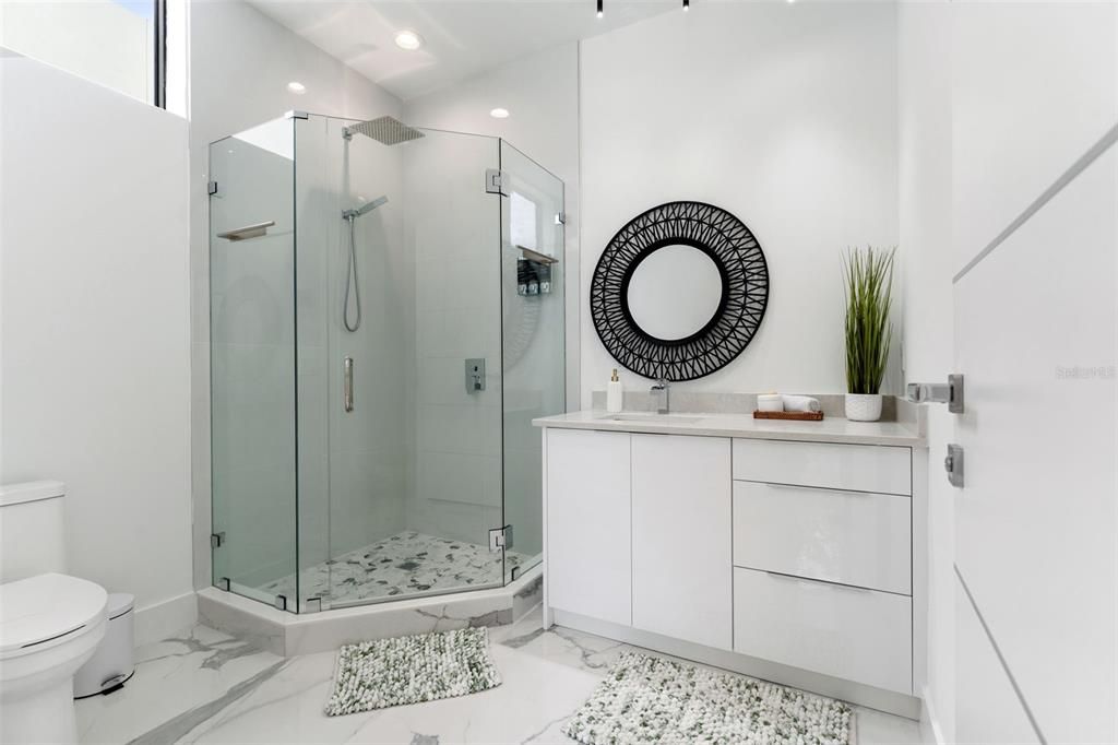 Bathroom, Glass Shower, Interior, Marble, Recessed Lighting
