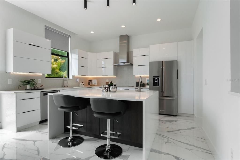 Interior, Kitchen, Marble, Recessed Lighting, Stainless Steel Appliances