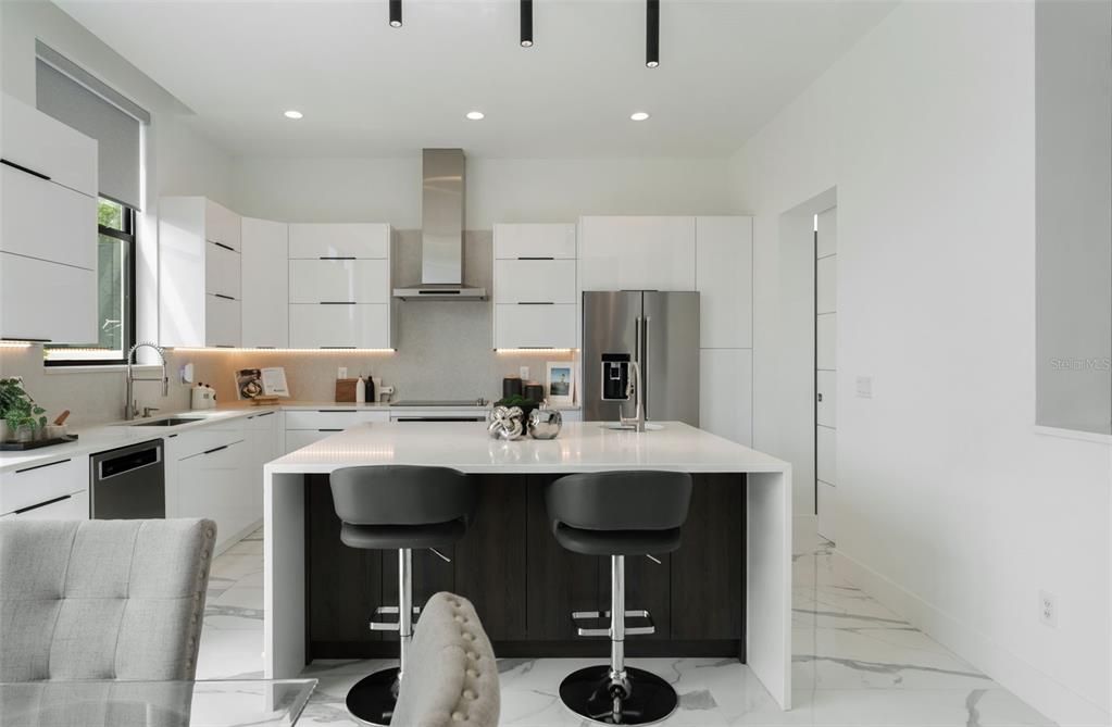 Interior, Kitchen, Marble, Recessed Lighting, Stainless Steel Appliances