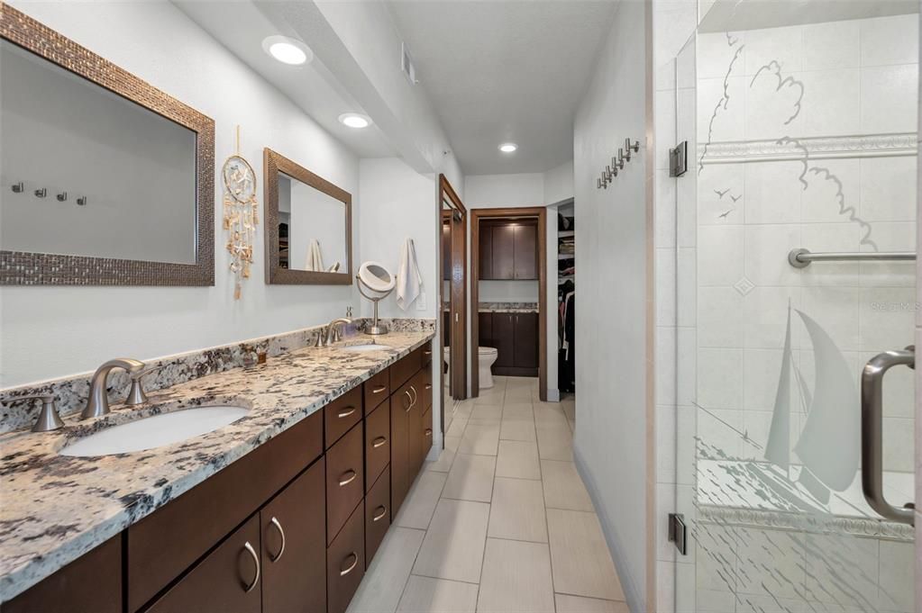 Bathroom, Dual Sink Vanities, Glass Shower, Interior, Recessed Lighting