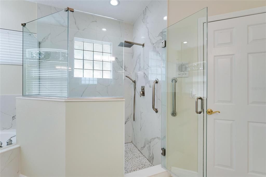 Bathroom, Glass Shower, Interior, Marble Walls, Recessed Lighting