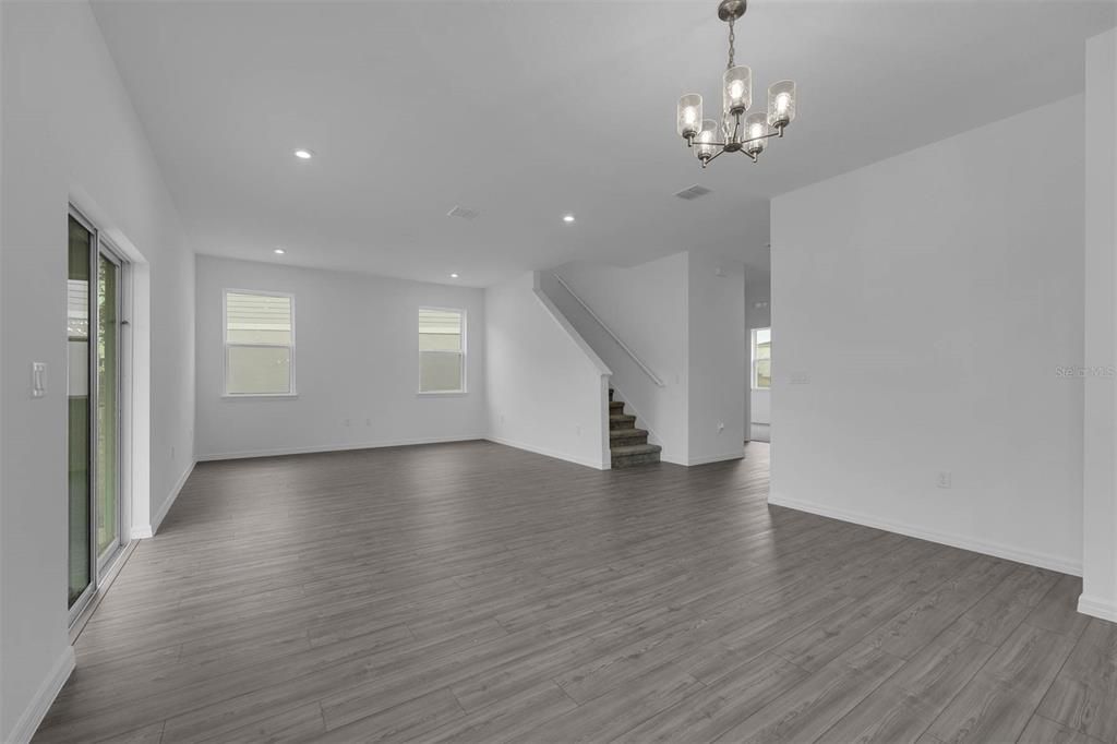 Chandelier, Empty room, Interior, Recessed Lighting, Wood Texture Flooring