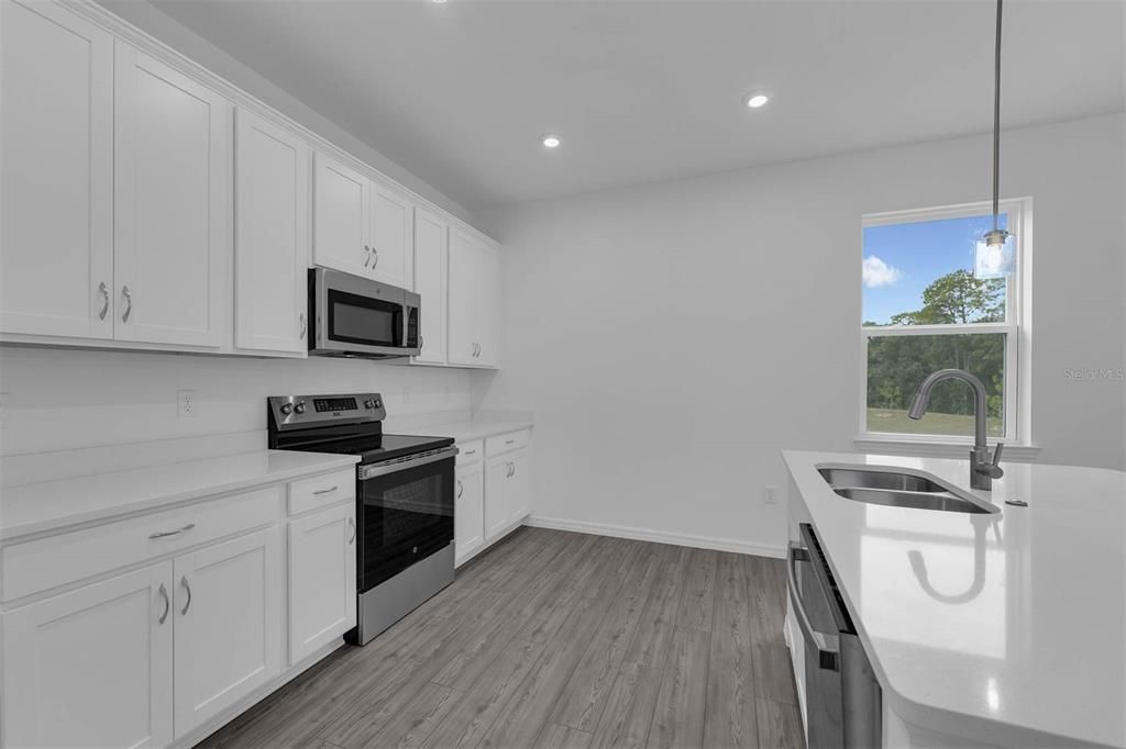 Interior, Kitchen, Pendant Lights, Recessed Lighting, Wood Texture Flooring