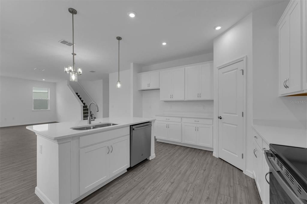 Chandelier, Interior, Kitchen, Pendant Lights, Recessed Lighting, Wood Texture Flooring